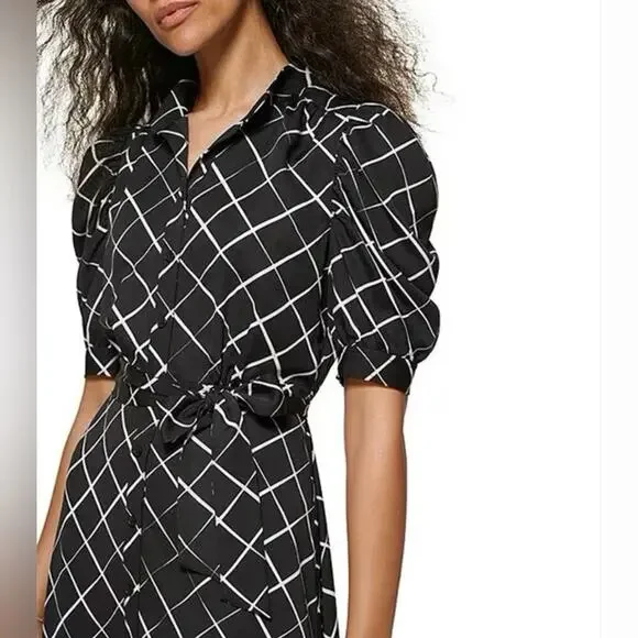 DKNY NWT Button Front Puff Sleeve Belted Midi Dress Size 8 - Picture 3 of 16